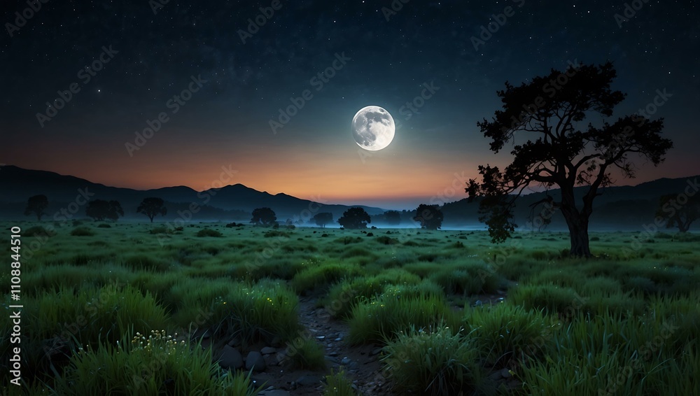 Fototapeta premium Serene night landscape under a bright full moon.