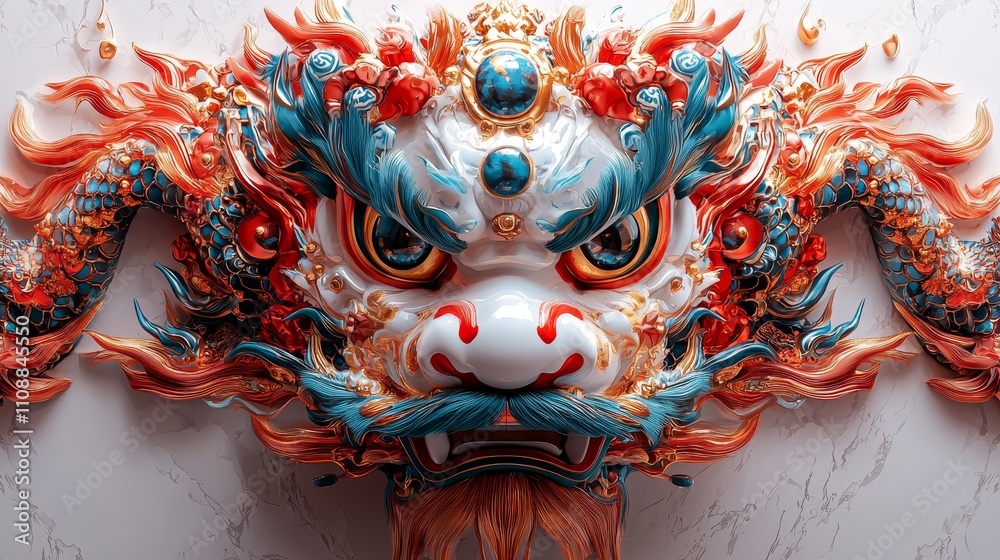 Fototapeta premium Intricate dragon sculpture with vibrant colors and detailed craftsmanship