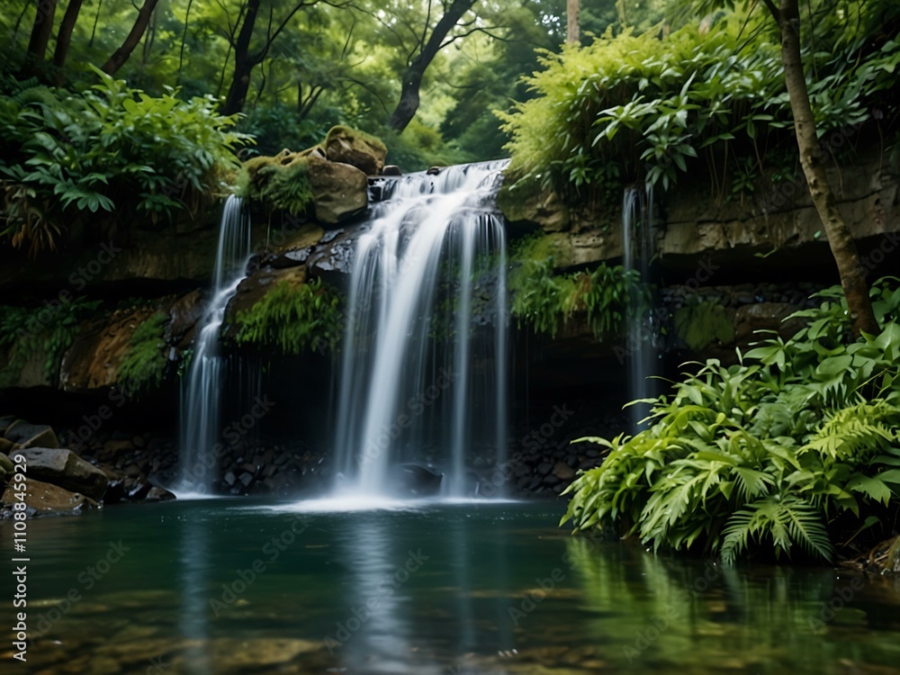 Serene waterfall surrounded by greenery. Serene waterfall surrounded by greenery.