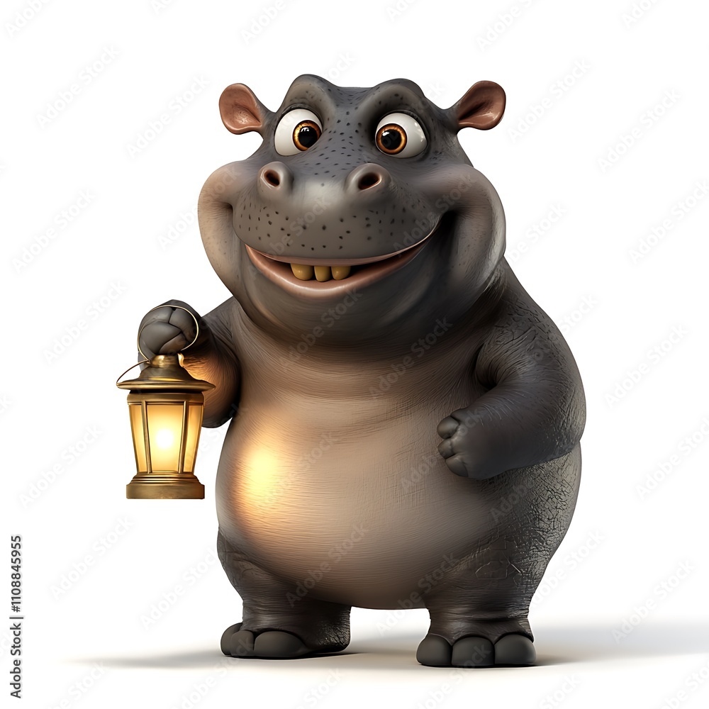 Cheerful pygmy hippo holding a lantern, isolated on a white background, perfect for children's books, playful illustrations, or joyful animal-themed designs. Cheerful pygmy hippo holding a lantern, isolated on a white background, perfect for children's books, playful illustrations, or joyful animal-themed designs.