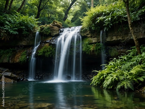 Serene waterfall surrounded by greenery.