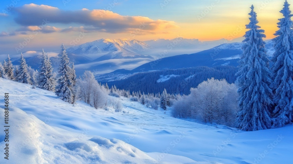 Obraz premium Serene winter landscape with snow-covered mountains and trees.