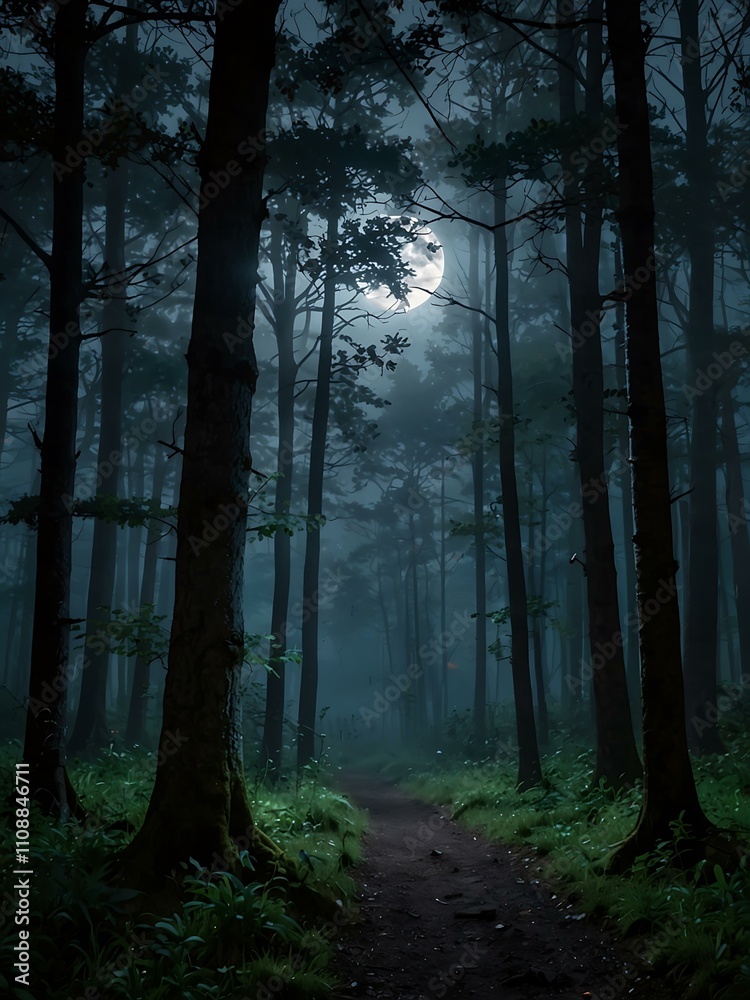 Obraz premium Serene, moonlit forest, magical and hidden.