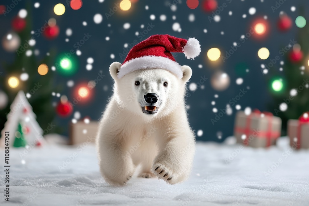 Fototapeta premium Adorable polar bear wearing a Santa hat frolicking in a snowy, festive setting with colorful lights and gifts.