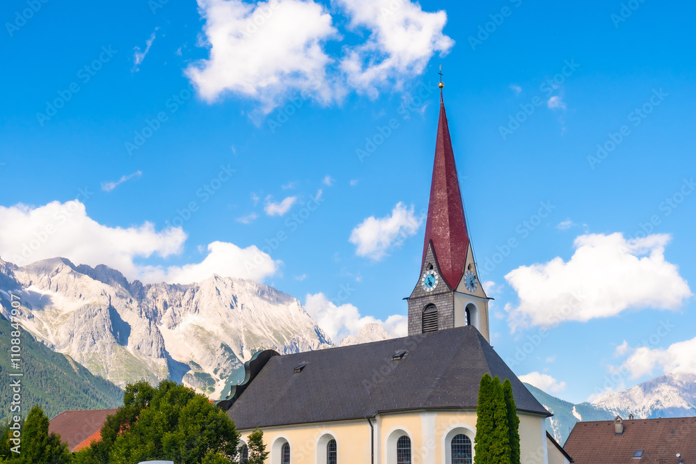 Fototapeta premium Detail of the beautiful church in the mountain village of Obsteig in Switzerland