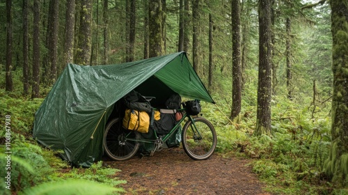Bikepacking Adventure in a lush forest, under a tarp shelter during a rainy day