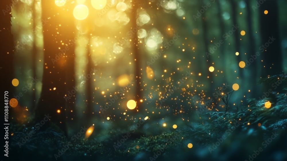 Fototapeta premium A mystical forest with glowing fireflies and soft bokeh effects