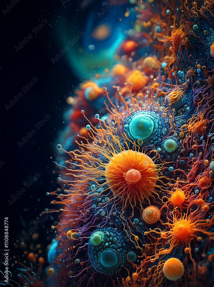 Obraz premium Close up, microscopic view of corals, fantasy sea moss plants, cell creatures, alien looking, vibrant colours