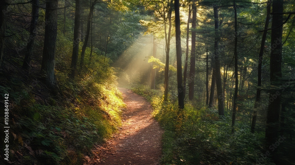 Fototapeta premium A narrow hiking trail through a dense forest with sunlight filtering through the trees