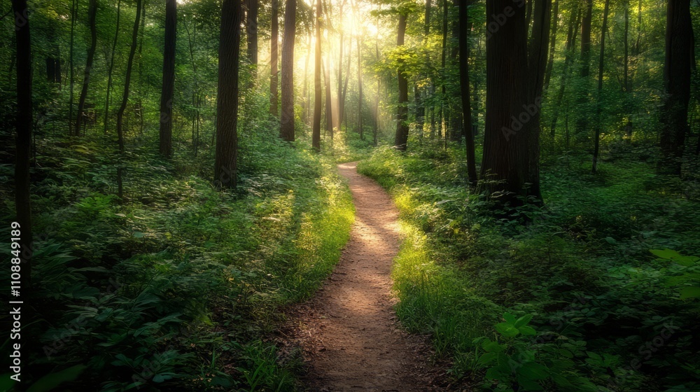 Fototapeta premium A narrow hiking trail through a dense forest with sunlight filtering through the trees