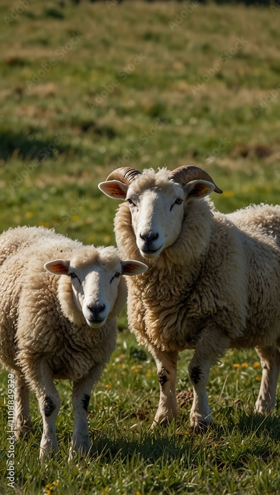 Fototapeta premium Sheep (Ovis aries) grazing in the meadow.