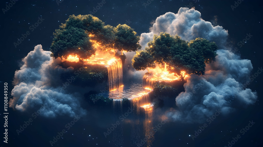 Fototapeta premium Surreal night scene of glowing trees and waterfall on a cloud island.