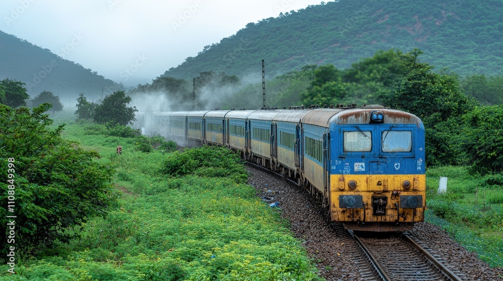 Obraz premium Scenic Railway Journey Through Misty Mountains Green Landscape