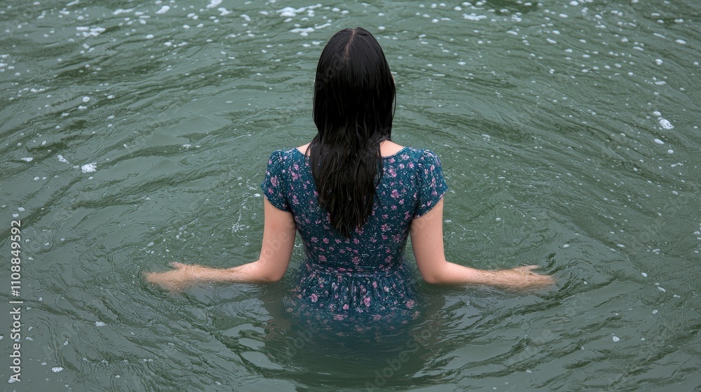 Fototapeta premium Woman in Floral Dress Summer Ocean Swim Relaxing Water