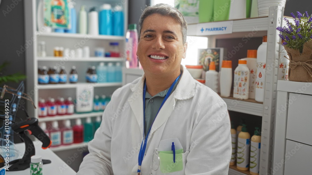 Young man in pharmacy wearing white coat and smiling confidently in front of shelves with assorted products Young man in pharmacy wearing white coat and smiling confidently in front of shelves with assorted products