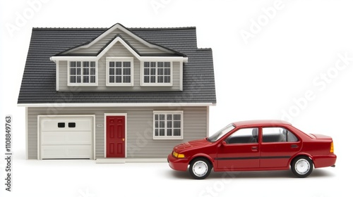 Model House with Red Car and Driveway Display