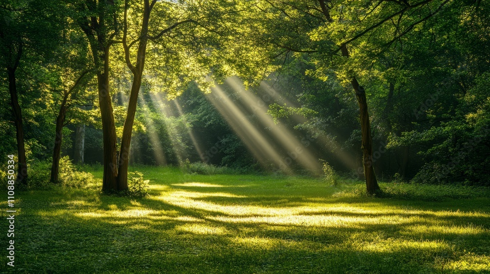 Fototapeta premium A peaceful forest glade with sunlight breaking through tall trees