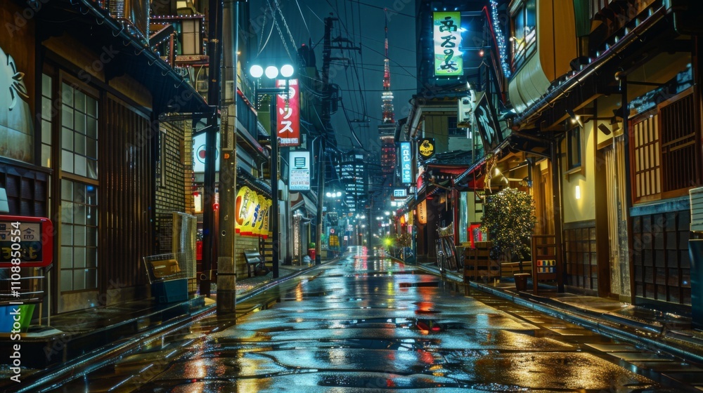 Obraz premium A rainy, neon-lit city street at night with reflections on the wet pavement, showcasing vibrant signs and a futuristic atmosphere