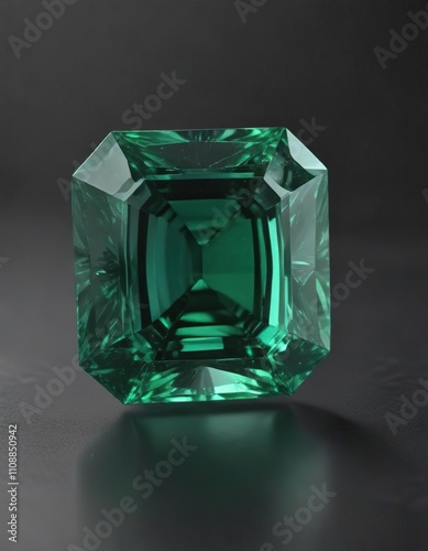 A green emerald gemstone isolated on a dark gray background, precious stone, nature
