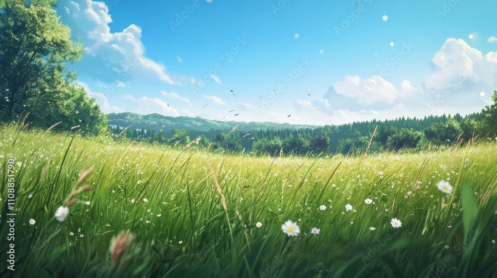 Fototapeta premium A peaceful meadow with tall grass swaying in the wind, a few wildflowers scattered throughout, and a distant forest under a bright blue sky