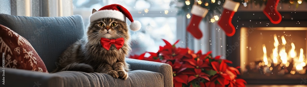 Obraz premium A cozy Christmas scene featuring a cat in a Santa hat, adorned with festive decorations, surrounded by poinsettias and a warm fireplace.
