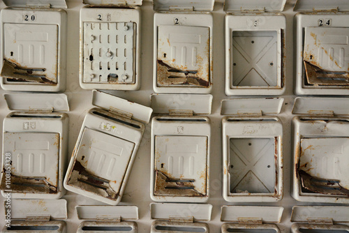 Abandoned and broken letterboxes hanging from the wall in an old bock of apartments. photo