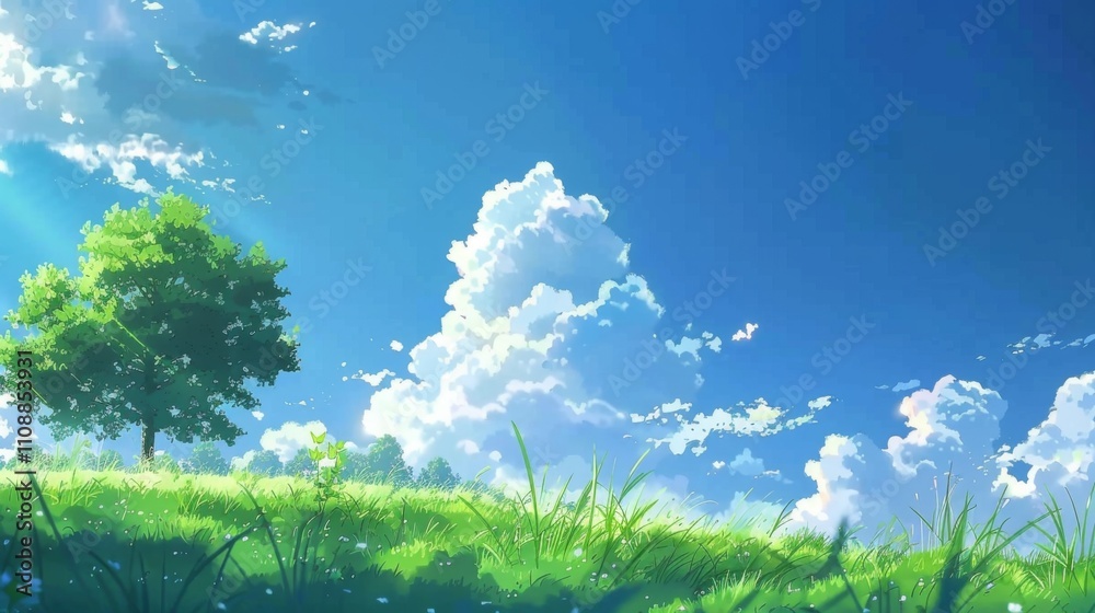 Fototapeta premium A serene meadow with tall grass, wildflowers, and trees under a bright blue sky with fluffy clouds and birds flying
