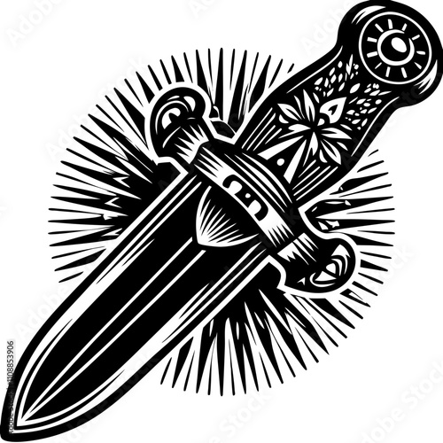 Decorative Dagger Tattoo Vector Design in Black and White for Body Art