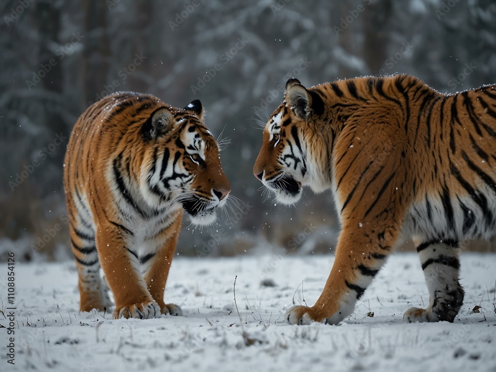 Naklejka premium Siberian tigers playing in frosty surroundings.