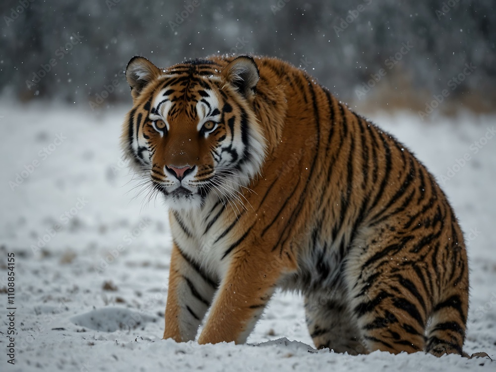 Obraz premium Siberian tigers playing in frosty surroundings.