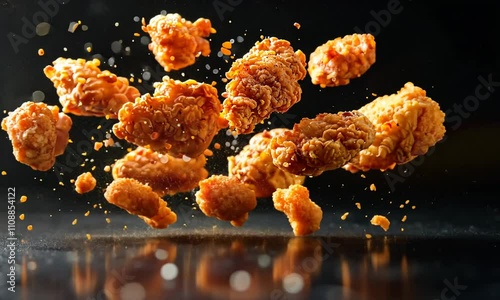Crispy fried chicken pieces falling to a dark surface.
