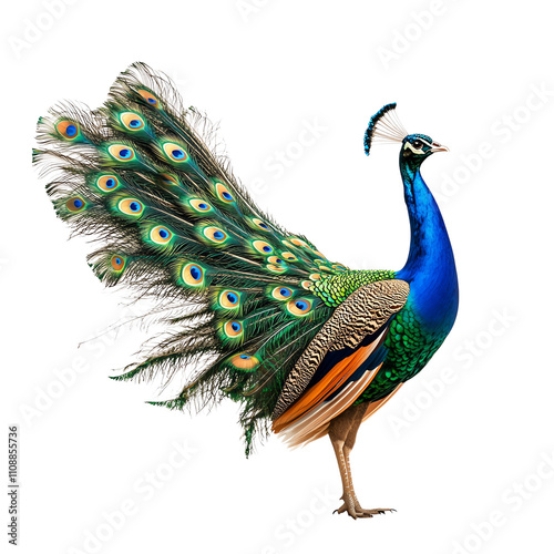 A vibrant peacock displaying its stunning feathers, isolated on a white background.