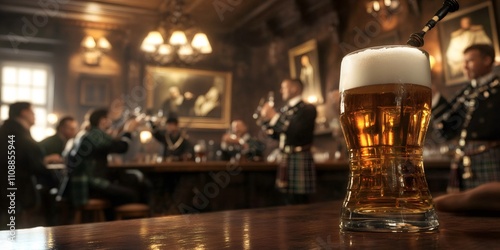 scottish pub celebration, a burns night celebration at a scottish pub bagpipers in kilts, whiskey toasts, and a portrait of the poet on the wall photo