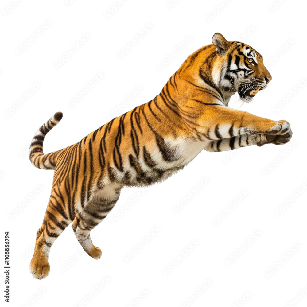 Obraz premium Tiger in a dynamic pose, isolated on white or transparent background, png clipart, design element.