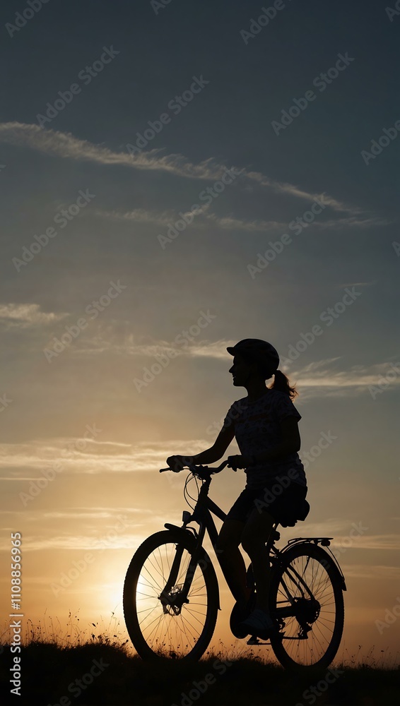 Fototapeta premium Silhouette of a mother and child cycling outdoors.