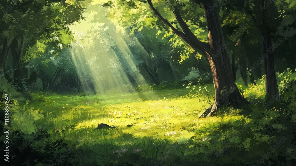 Fototapeta premium A quiet, winding forest path surrounded by tall trees and soft sunlight