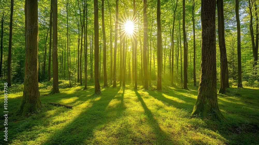 Obraz premium A quiet, winding forest path surrounded by tall trees and soft sunlight