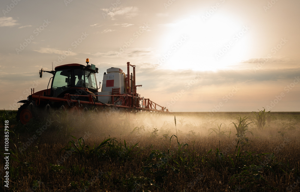 Fototapeta premium Tractor sprays field with pesticides in summer