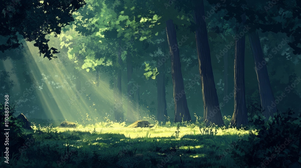Obraz premium A quiet, winding forest path surrounded by tall trees and soft sunlight