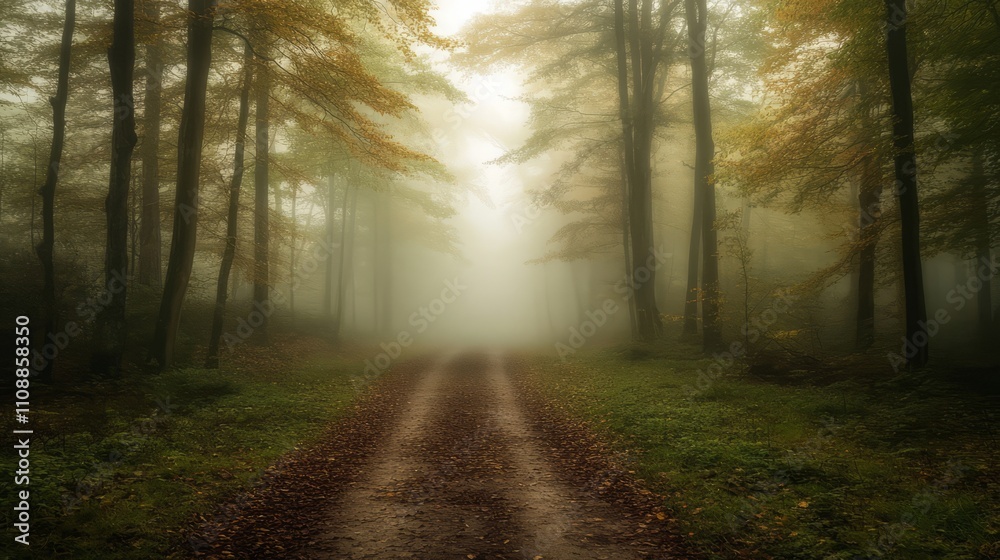 Fototapeta premium A quiet, winding forest path surrounded by tall trees and soft sunlight