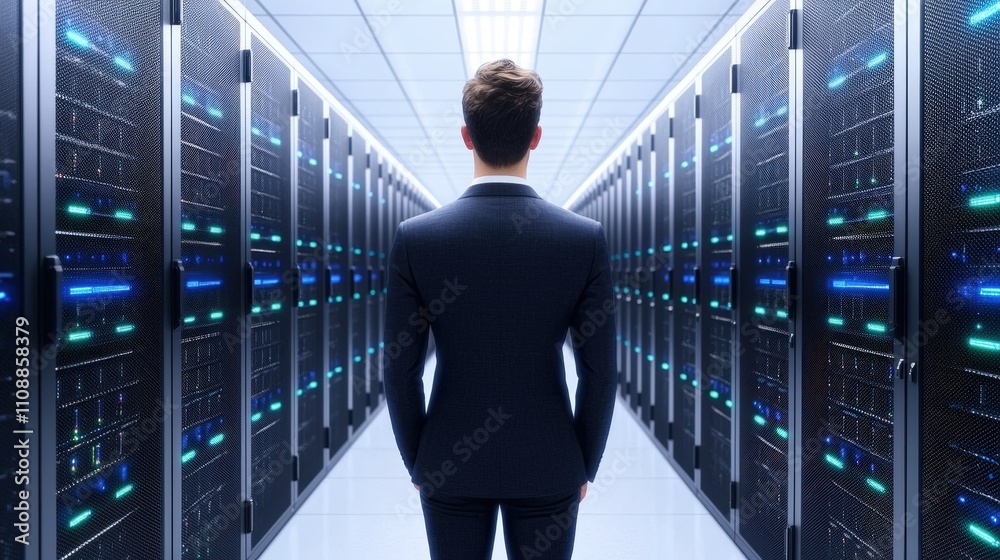 Fototapeta premium Data Center Server Room Businessman in Tech Infrastructure