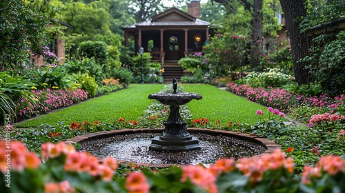 Traditional estate garden vast organicshaped lawn bordered flowering shrubs trees garden features classical stone fountain intricate flower beds a winding gravel path leading through the greenery photo