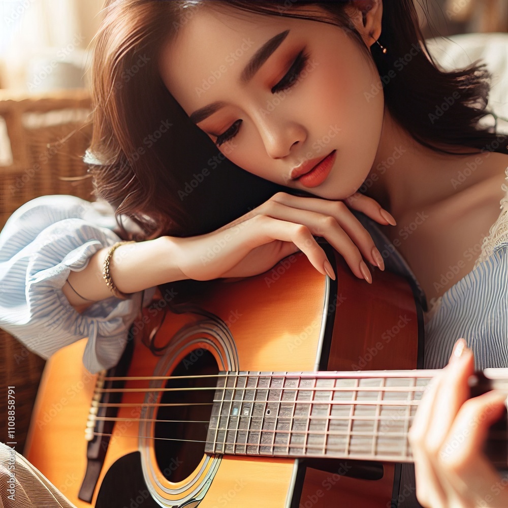 Fototapeta premium 24 A musician fingers caressing the strings of a guitar lost in