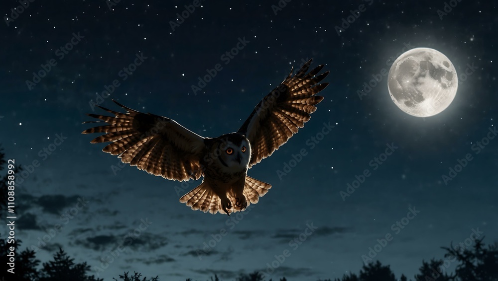 Obraz premium Silhouetted owl flying in the moonlit sky.