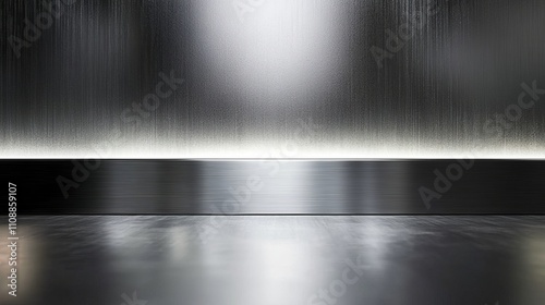 A sleek glossy metal background, modern surface with soft lighting and a water-like texture creates a tranquil atmosphere.