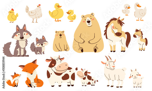 A set of flat vector illustrations in a simple children's style. Cute animals and their cubs. Bear wolf fox cow goat horse duck chicken goose. . Vector illustration