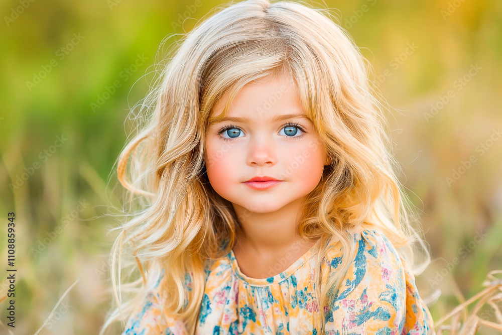 Fototapeta premium Young Girl With Blonde Hair and Blue Eyes Sitting in a Field of Tall Grass on a Sunny Day, Wearing a Floral Dress, Exudes Innocence and Charm With Her Captivating Gaze