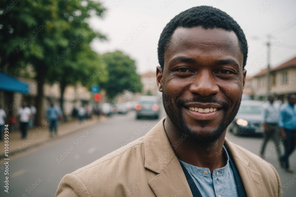 Close portrait of a smiling 40s Nigerian man looking at the camera, Nigerian city outdoors blurred background Close portrait of a smiling 40s Nigerian man looking at the camera, Nigerian city outdoors blurred background