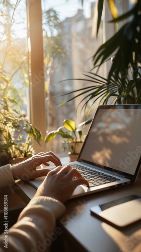 Aesthetic photography, a man working at a computer, hands in the frame, freelancing