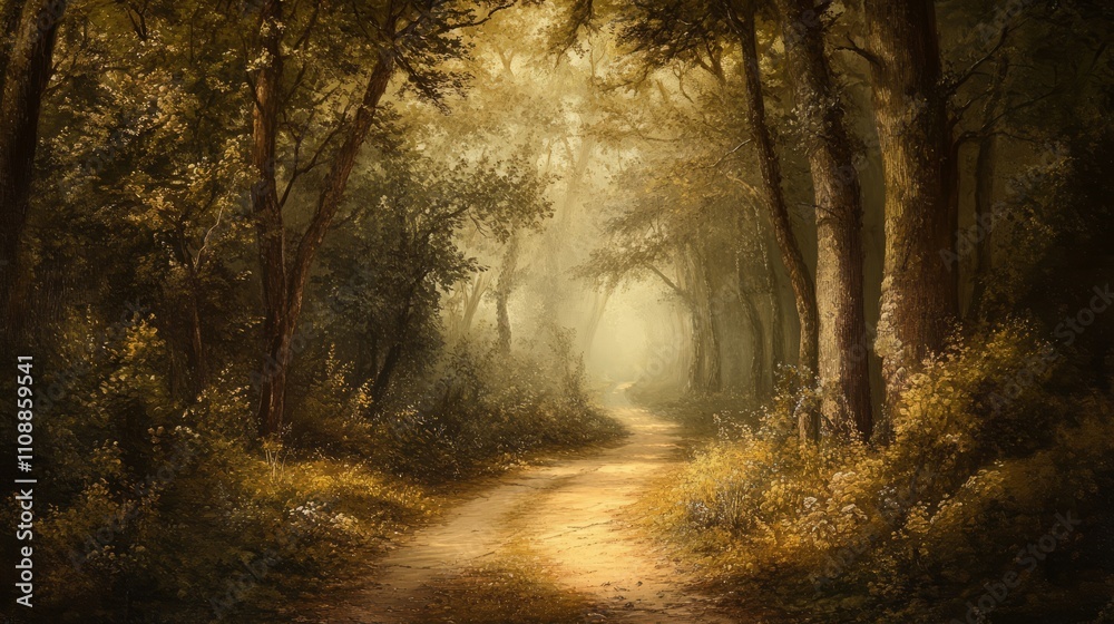 Fototapeta premium A quiet, winding forest path surrounded by tall trees and soft sunlight